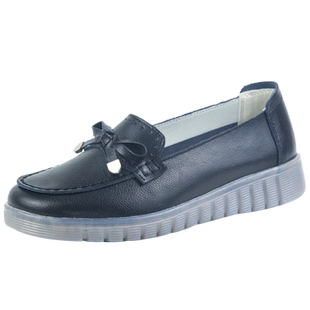 万里新款真皮舒适坡跟软底鞋时尚蝴蝶结圆头一脚蹬女鞋SUT2890