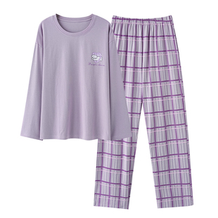 芬腾可安睡衣女款冬季纯棉布料100全棉女士长袖浅紫家居服春秋天