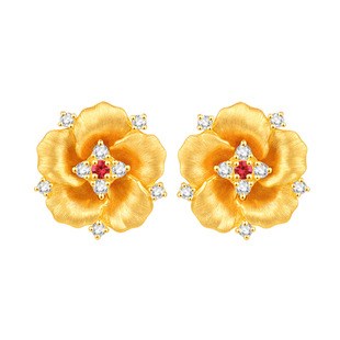 【商场同款】莱绅通灵 盛世繁花牡丹花 足金黄金钻石红宝石耳钉
