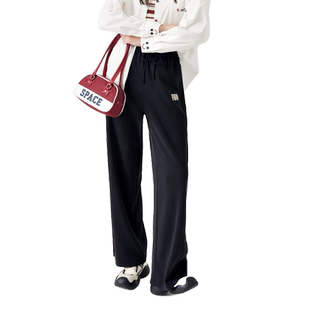 紫涵直筒阔腿卫裤女春秋季新款松紧高腰垂感宽松显瘦遮肉休闲长裤