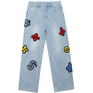 小何同款GUUKA&Agaho联名美式牛仔裤男 情侣刺绣裤子直筒长裤宽松