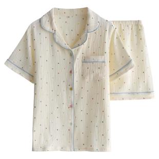 彩点糖豆睡衣女士夏季纯棉纱布薄款宽松短袖短裤开衫家居服套装