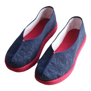 原创新品纯手工千层底布鞋女 汉服搭配 国潮浅口藏青提花吸汗女鞋