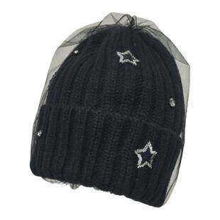 赵丽颖千惠同款黑色网纱毛线帽保暖秋冬冷帽针织白帽子冬季护耳帽