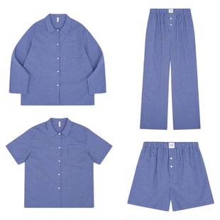 FORRETRO春夏新款经典蓝黑格纹衬衫可外穿高级感家居全棉睡衣套装