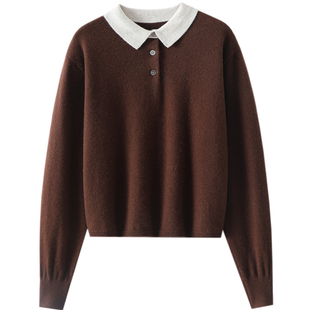 上身效果好气质！新款拼色100%纯山羊绒衫女POLO领纯羊绒毛衣秋冬