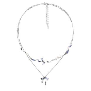 MASW麻秀原创小众设计轻奢巴洛克珍珠项链蓝蝴蝶结叠戴锁骨链新款