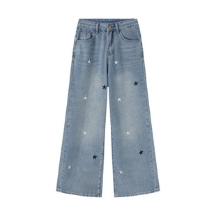 蓝色星星刺绣直筒牛仔裤女秋冬新款大码胖mm高腰宽松显瘦阔腿裤子