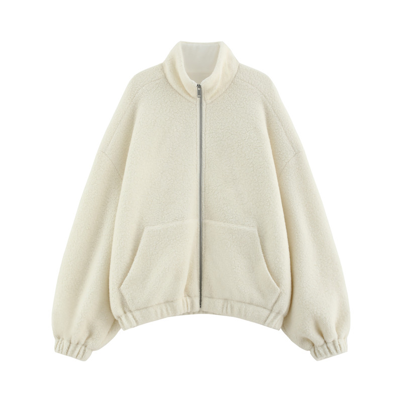 【执白】重磅加厚精纺绵羊毛肌理感立领宽松廓形拉链外套-FW1302