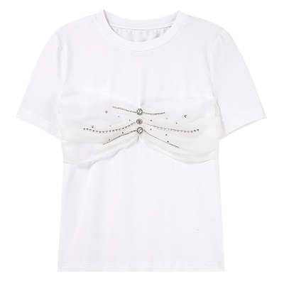 MISSCOCOON欧根纱拼接抽褶钉珠修身T恤夏款