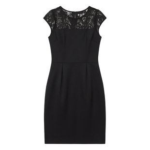 高级感轻奢黑色蕾丝拼接缎面连衣裙女夏大码掐腰修身设计感裙子