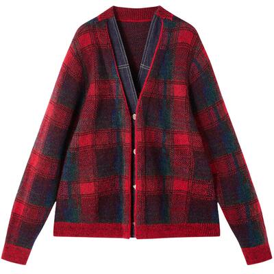 谜底针织开衫长袖2025冬季新品时髦百搭红黑格子毛衫女254MZ1861