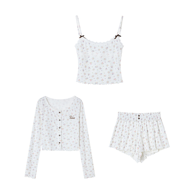 Uena白色碎花蕾丝花边针织套装