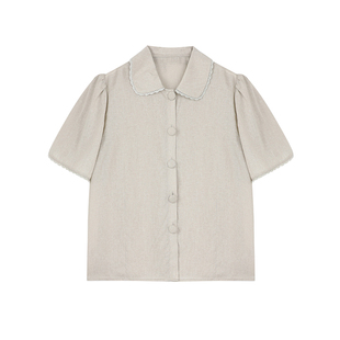 JeJuna炸鸡欧尼 浅绿冰沙 青豆绿亚麻气质短袖衬衫浮雕蕾丝半裙女