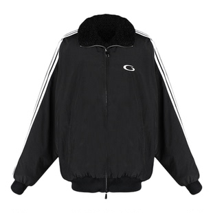 CHU楚妞[黑驰]B家五道杠条纹加绒休闲短外套 2025冬季新款女夹克