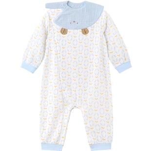 全棉时代婴儿连体服套装童装绉布带帽连体服婴儿帽套装秋冬新款