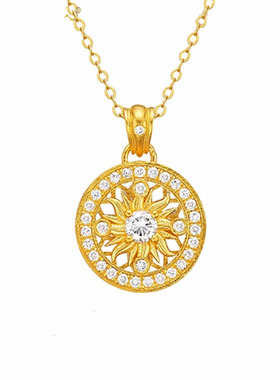太阳图腾项链 女纯银镀18K黄金色镶钻太阳花圆环吊坠锁骨链时尚潮