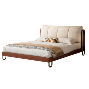 中古风包豪斯实木床1米8双人布艺床复古新款白蜡木流影软包主卧床
