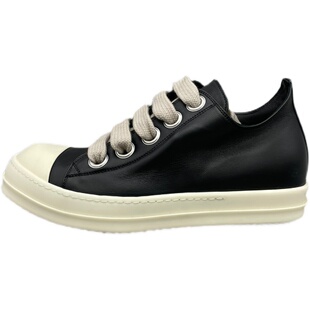 Rick RO新款宽鞋带低帮鞋皮面主线系带圆头平底休闲纯色暗黑风格