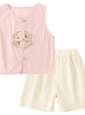 宝宝新中式背心套装夏季新品男童女童国风纯棉马甲短裤两件套夏款