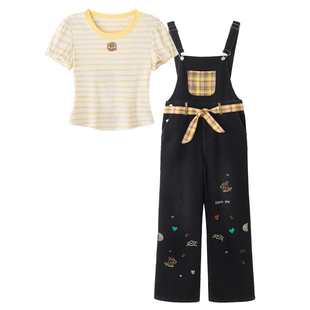 织物猪 黄油拿铁 甜酷风黑色刺绣牛仔背带裤女原创直筒减龄长裤子