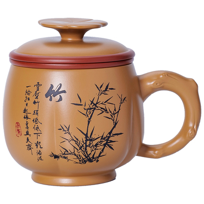 叶凡刻绘紫砂中式内胆茶杯