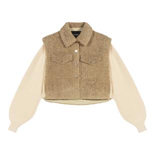 Maje Outlets秋冬女装松绒风穿搭时尚双色拼接短款直筒宽松外套