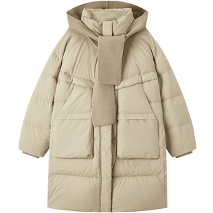 爱居兔时尚中长款羽绒服女冬季可脱卸针织帽羽绒外套