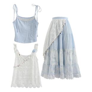 森女部落波西米亚风度假套装女撞色设计感半身裙修身吊带夏季穿搭