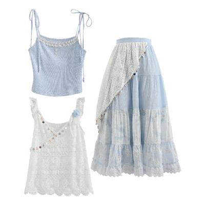 森女部落波西米亚风度假套装女撞色设计感半身裙修身吊带夏季穿搭