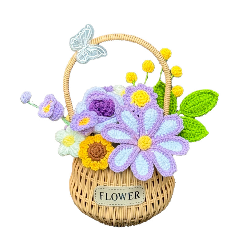 手工编织成品毛线花玫瑰向日葵田园小花篮花束送闺蜜女友惊喜生日
