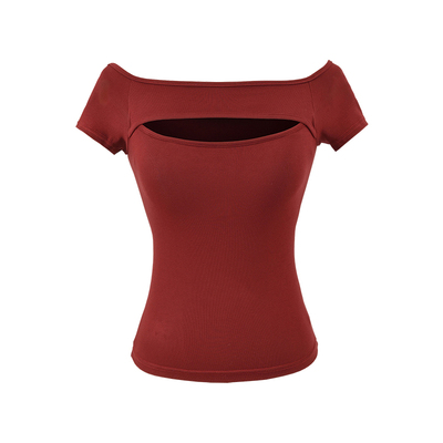 一字肩胸前镂空短袖T恤上衣