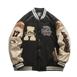 悟空有货美式潮牌植绒拼接棒球服棉衣男冬季复古加厚保暖棉服外套