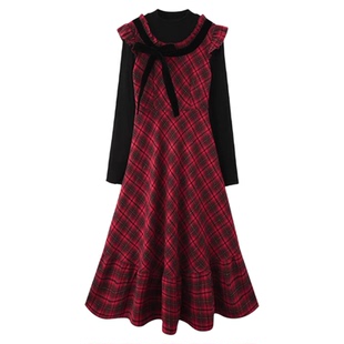 大码胖mm新年圣诞假两件蝴蝶结红色格子收腰连衣裙女秋冬显瘦长裙