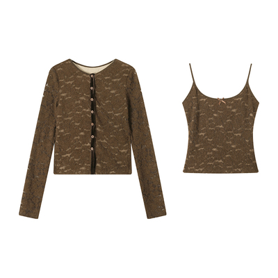 薄款修身针织开衫细肩带背心套装