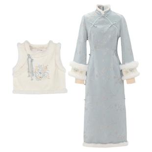 幽幽兰花草森女部落原创新中式民国风旗袍连衣裙马甲冬天时尚套装