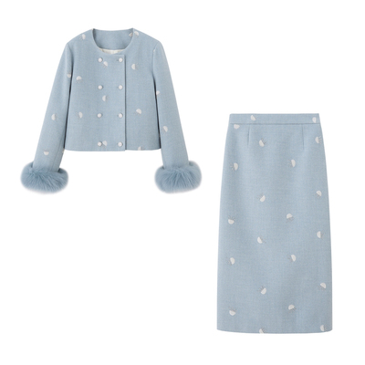 2025冬装水母钉珠刺绣长裙套装狐狸毛90白鸭绒修身显瘦气质两件套