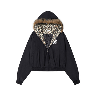 美式复古豹纹拼接毛领连帽棉衣