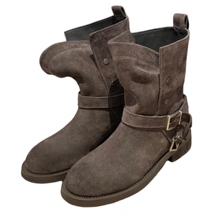 羊皮版~增高3.5cm褶皱骑士靴女美拉德复古擦色皮带扣粗跟西部短靴