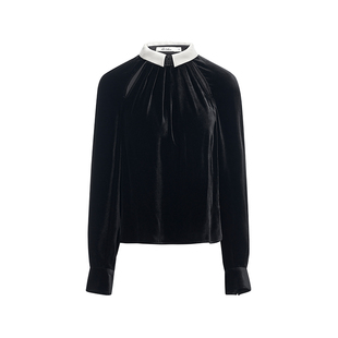 【鹿先森乐队同款】AS DALIO黑色真丝丝绒撞色翻领衬衫复古上衣女