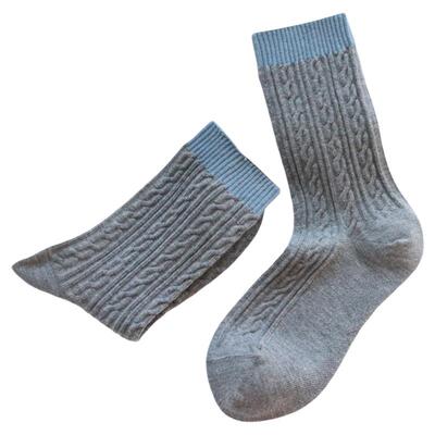 撞色麻花绵羊毛袜子女秋冬保暖