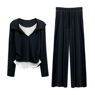 米米子微胖大码胖mm“通勤代码”时尚连帽假两件卫衣垂裤套装女秋