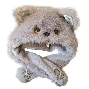 可爱灰色猫咪毛绒帽子女冬季加绒加厚保暖防寒耳朵会动护耳雷锋帽