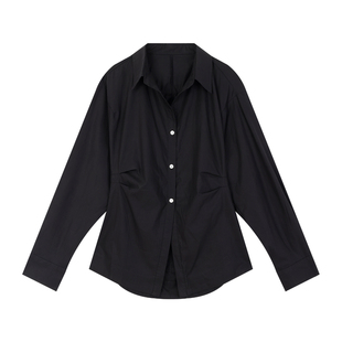 姜雯 简约修身立体剪裁造型感衬衫女秋季黑色下摆开叉天丝棉衬衣