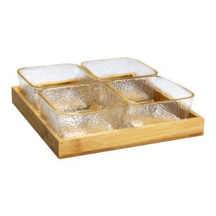 轻奢分格干果盘家用玻璃碗水果零食盘竹木托盘小吃盘子带盖糖果盒