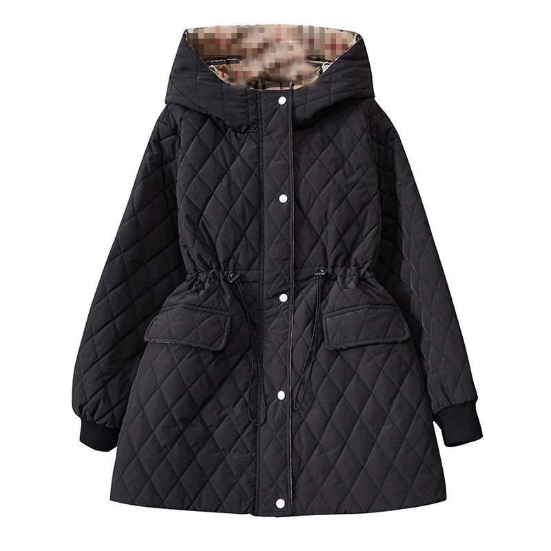 特大码菱形格连帽棉服女保暖棉衣
