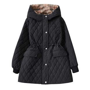 300斤特大码菱形格连帽棉服女冬200胖mm加肥宽松防风保暖棉衣外套