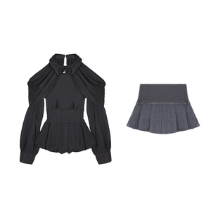 甜梨呆呆 妮卡日记 春季挂脖长袖衬衫领收腰上衣薄呢百褶裙套装