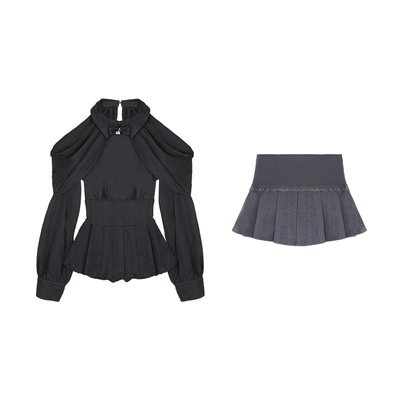 甜梨呆呆 妮卡日记 春季挂脖长袖衬衫领收腰上衣薄呢百褶裙套装