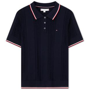 Tommy春夏童装女简约休闲复古绞花肌理镶边短款POLO领短袖针织衫